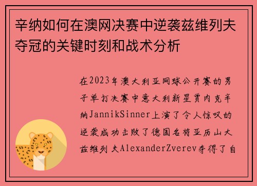 辛纳如何在澳网决赛中逆袭兹维列夫夺冠的关键时刻和战术分析 辛纳如何在澳网决赛中逆袭兹维列夫夺冠的关键时刻和战术分析