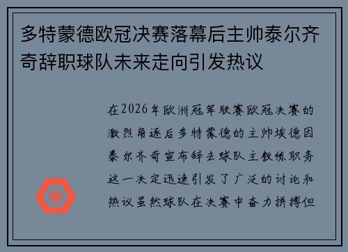 多特蒙德欧冠决赛落幕后主帅泰尔齐奇辞职球队未来走向引发热议
