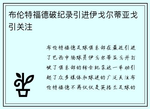 布伦特福德破纪录引进伊戈尔蒂亚戈引关注 布伦特福德破纪录引进伊戈尔蒂亚戈引关注